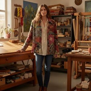 Chico’s Vintage Boho Artisan Patchwork Tapestry Jacket Blazer Women’s Size 3